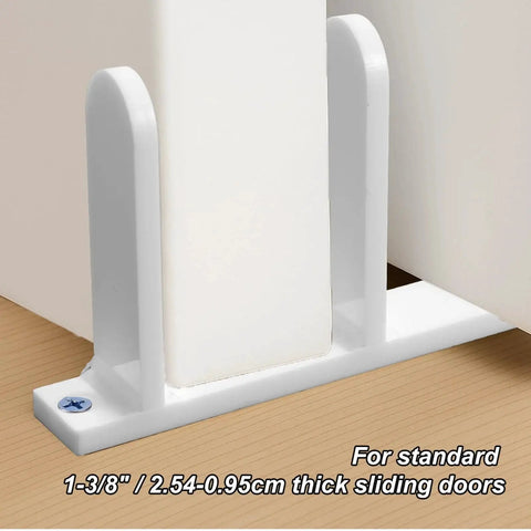 4-Piece Sliding Closet Door Floor Guides Set In White Acrylic, Practical Bottom Guides For 1-3/8 Inch Thick Doors installed on wooden floor