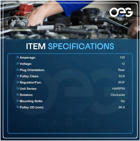 Specifications for New 12V 155A Hairpin Alternator Plug And Play Compatible With Acura MDX 3.5L 2014 2020 Honda Passport