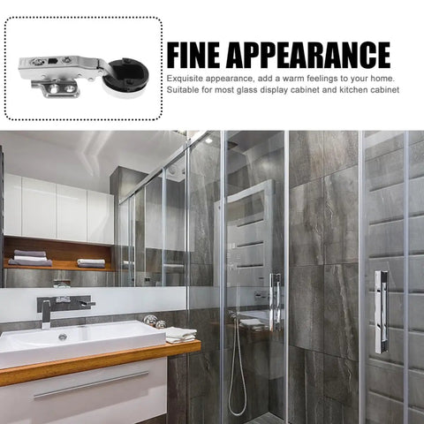 4 Pack Hydraulic Glass Door Hinges With Soft Close Damping For Kitchen Cabinets And Wine Cabinet Doors Quiet Smooth Closing Durable Cabinet Door Hardware in a bathroom setting.