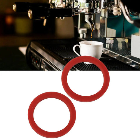 Two Pack Red 8mm Silicone Group Gasket For Espresso Machines E61 Group Head Replacement, shown in front of an espresso machine