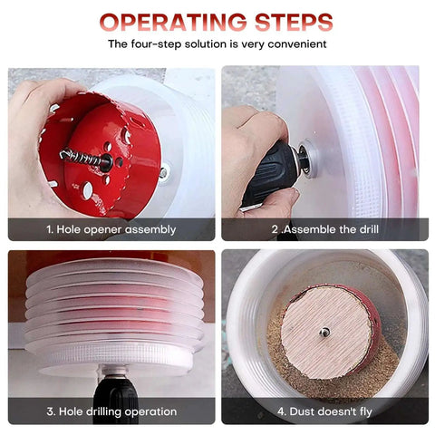 Pro Grade Four Inch Hole Saw Kit For Recessed Lighting With Dust Bowl Catcher Bi Metal Cutter operating steps shown in sequence