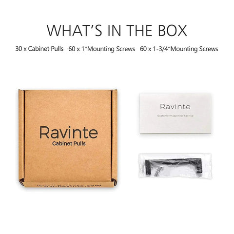 Unopened Ravinte box with contents: 30 kitchen square cabinet handles, mounting screws, and customer service card.