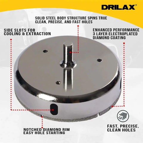 Front view of Four And A Half Inch Diamond Hole Saw With Guide For Tile Porcelain Ceramic Glass And Stone Drilling Delivers Clean Chip Free Circular Cuts For Toilet Cutouts Drains Recessed Lights And HVAC Openings Perfect For Big Tile Jobs Drilax