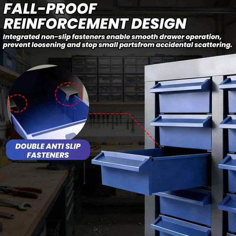 75 Drawer Nut And Bolt Storage Organizer With Anti Drop Design showing open drawer with anti-slip fasteners in workshop