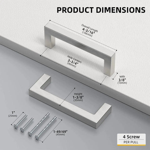 Product dimensions of Brushed Nickel Cabinet Pulls Set Of 30 3-3/4 Inch Square Drawer Handles, shown with included screws.