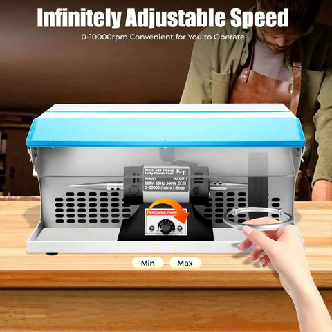 View of Top Notch 500W Jewelry Bench Polisher with Dust Collector and Work Light, showcasing speed adjustment and controls.