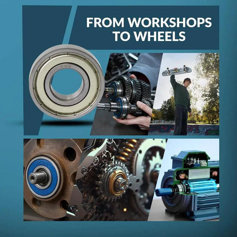 Collage with 6200-ZZ Sealed Ball Bearings 4 Pack - 10x30x9mm in electric motors and skateboard wheels.