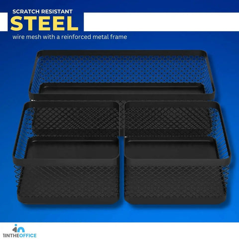 Mesh Desk Drawer Organizer Tray With 3 Stackable Compartments in Matte Black, showcasing scratch-resistant steel design on a blue background.