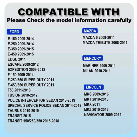 Compatibility list for Plug And Play Fuel Pump Drive And Control Module Replacement models Ford, Lincoln, Mercury, Mazda.