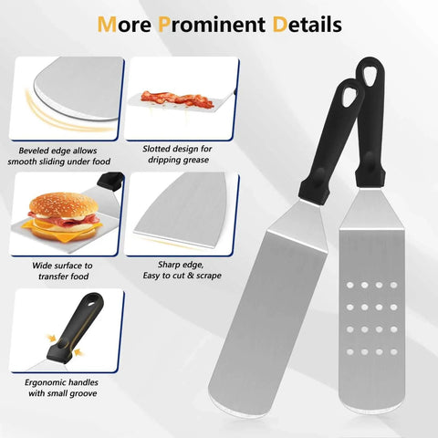 All In One Griddle Accessories Kit For Outdoor BBQ Cooking With Smash Burger Press And Stainless Steel Spatulas showing features