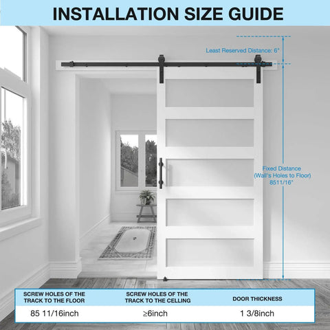 5-Panel Sliding Glass Barn Door 42-Inch By 84-Inch With Frosted Glass Waterproof Scratch-Resistant Privacy For Bathroom Includes 7-Foot Hardware Kit No-Fuss Assembly With Pre-Drilled Holes Fits Max Opening 40-Inch By 82-Inch White shown installed in a bright room.