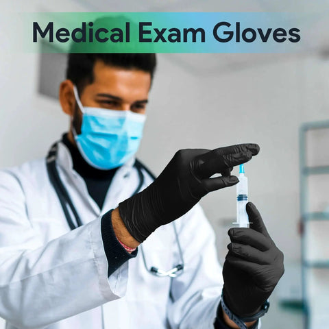 Doctor wearing Black Large Nitrile Gloves 3 Mil Latex Free Powder Free Medical Lab Industrial while handling syringe