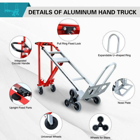 3 In 1 Convertible Aluminum Hand Truck Dolly With 1000 Lbs Capacity, Stair Climbing Upright Mode, red hand truck with folding frame details