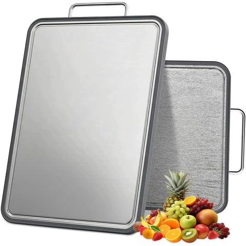 Heavy Duty 316 Stainless Steel Cutting Board 17x11 Inch Dual Sided Chopping Board For Meat And Produce With Deep Juice Grooves Food Grade Non Toxic And Dishwasher Safe AnyZone in kitchen setting.