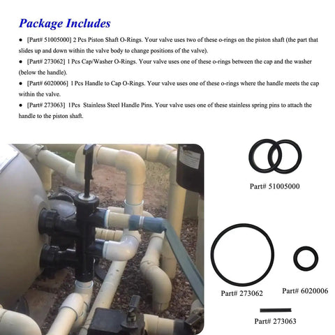 All In One O Ring Kit For Two Full Valve Rebuilds Fits Push Pull Slide Valves For Pool Equipment Compatible With Pentair PacFab Sta Rite Includes Cap Washer O Rings Piston Shaft O Rings Handle To Cap O Rings And Stainless Steel Handle Pins installed on pool piping system