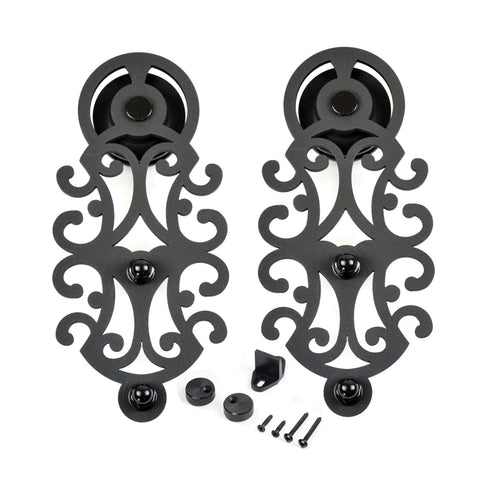 Intricate black steel components of Double Sliding Barn Door Hardware Track Kit In Black Steel For Closet And Interior Doors, Bypass Rolling Set.