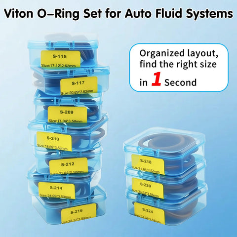 Amazon Viton O-Ring kit in blue plastic storage boxes, labeled S-115 to S-224, for auto fluid systems