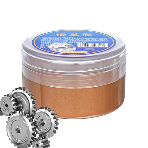 Copper Anti Seize Lubricant Grease Waterproof High Temperature Protection Professional Grade Copper Grease For Automotive And Machinery Prevent Seizing And Corrosion Smooth Threads Long Lasting 30g in clear jar next to metal gears.