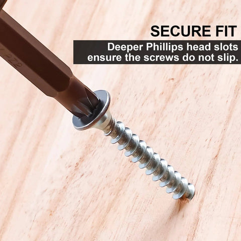 Close-up of screw being driven into wood using Wood Screws Assortment Kit With Organizer Box For Wood And Drywall, 190 Pcs PosiDriv Flat Head Sheetrock Screws, 6 Sizes Including 3/4 Inch, 1 Inch, 1-1/4 Inch, 1-1/2 Inch, 2 Inch, 2-1/2 Inch - DIY Friendly.
