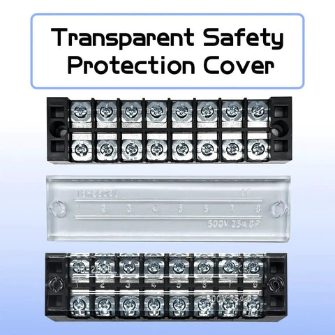 4 Sets 8-Position 600V 25A Terminal Blocks With Cover, Dual Row Ground Bus Bar, transparent cover, top view