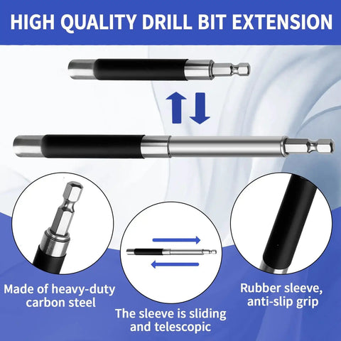 4-pc drill bit extension set with telescoping sleeve and magnetic holder; carbon steel with rubber grip; 3.1/4.7/5.5 in lengths