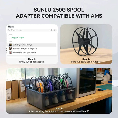 Sunlu 250G spool adapter showing search results, printed adapter, and setup for AMS compatibility.