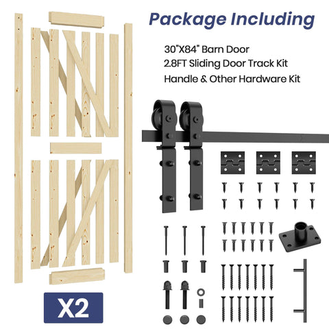 30-Inch By 84-Inch Bifold Barn Door With Hardware Kit, Unfinished Solid Pine Wood Folding Closet Door parts and accessories displayed.