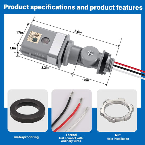 Product image of Two Pack Photocell Sensor For Outdoor Lighting, 120V AC, 50/60 Hz, IP54 Waterproof, with dimensions and components like waterproof ring.