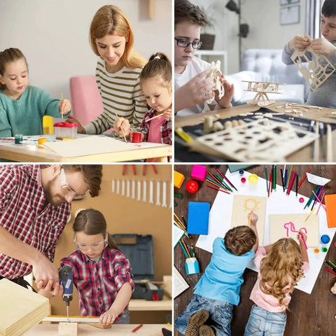 Children and adults engaged in various craft activities using Unfinished Basswood Sheets 25Pcs 150x100x1.5mm for DIY projects.