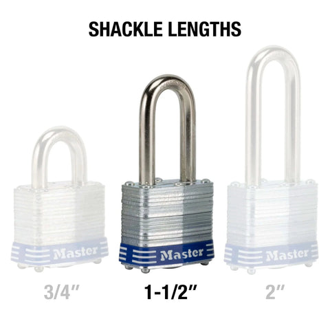Comparison of shackle lengths in Two Pack Laminated Steel Padlocks With Keys Keyed Alike 1-1/2 inch highlighted