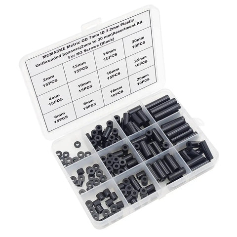 Unthreaded Metric Spacer Kit For M3 Screws 7mm OD 3.2mm ID Black ABS Round Spacers 12 Lengths From 2mm To 30mm, kit in plastic box