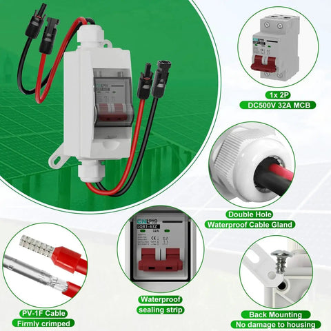 32 Amp 500V DC Solar Disconnect Switch with Plug and Play Connector in IP65 Waterproof Box, shown with cables and gland.