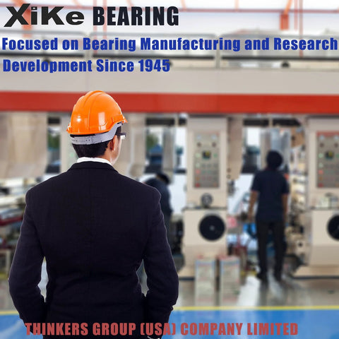 XiKe bearing banner on factory floor with a man in an orange hard hat and industrial control panels in the background