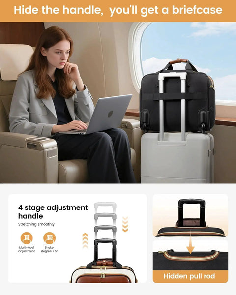 Woman using Rolling Laptop Bag For Women With Wheels 17.3 Inch Laptop Briefcase For Work And Travel TSA Friendly in airplane cabin