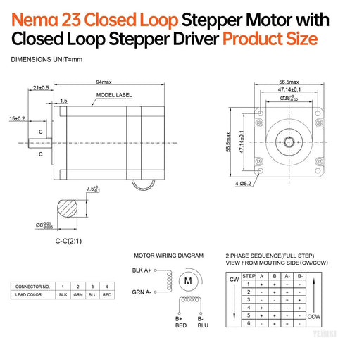 Technical diagram of Nema 23 Closed Loop Stepper Motor with Integrated Driver YEJMKJ, showing dimensions and wiring configuration.