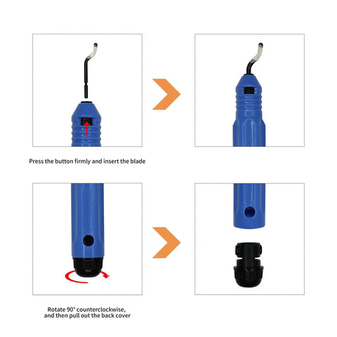 Heavy Duty Deburring Tool Kit With Anti Slip Handle And 10 BS1010 Deburring Blades For Wood Metal Plastic Aluminum Copper And Steel Perfect For Smoothing Rough Edges At Home Or In Workshops With A Contoured Grip And Easy 360 Degree Blade Replacement, showing blade insertion and back cover removal steps.