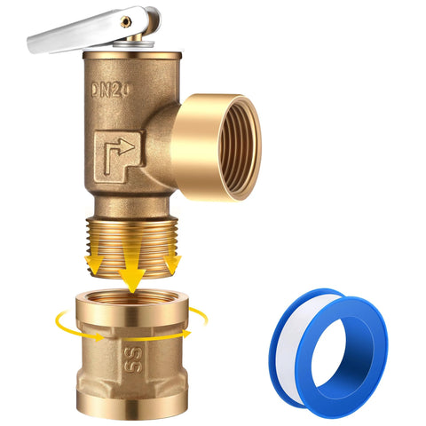 Gulfmew 30 PSI brass pressure relief valve with 3/4 NPT female adapter and blue PTFE thread tape