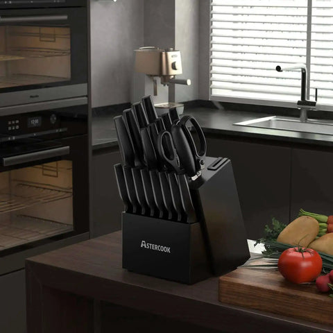 No Fuss All In One 21 Piece Kitchen Knife Set with Block and Built-In Sharpener, German Stainless Steel Blades, Black Block on Counter