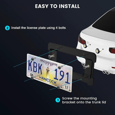 Rear License Plate Frame Bracket Mount For BMW And Mini Cooper 2005-2023 installation diagram with screws on car trunk