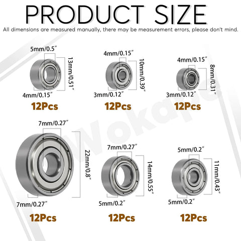 Wokape six-size miniature deep groove ball bearings set, 72 pcs, double-shielded metal bearings