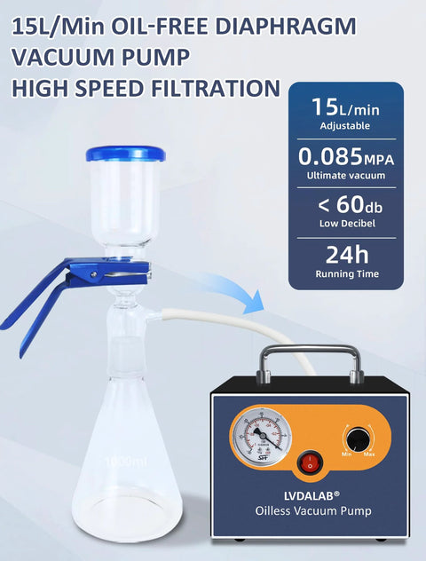 LVDALAB oil-free diaphragm lab vacuum pump with two silicone hoses and gauge on a blue/orange control unit.