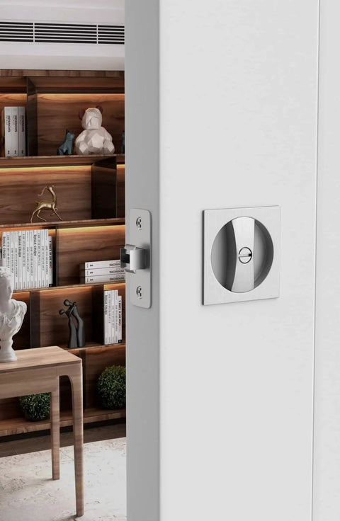 Brushed Nickel Pocket Door Lock Privacy Square Hardware Not Adjustable for Pocket Doors and Sliding Doors Installed View