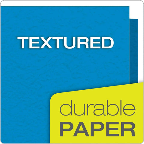 Two Pocket Folders With Fasteners In Assorted Colors For Letter Size 25 Per Box Built In Two Prong Fasteners To Hold Three Hole Punched Sheets Durable Textured Paper Your Go To Back To School Organizer image showing textured blue cover and durable paper text.