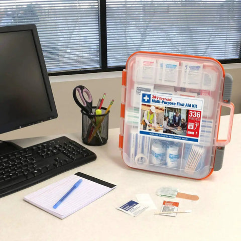All-Purpose 100-Person Emergency First Aid Kit For Office, Home, And Car With OSHA Compliance on office desk