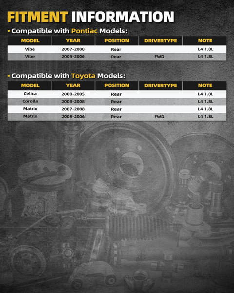 Compatibility chart for 2x Rear Wheel Bearing Hub Assembly Non ABS 5 Lug, Pontiac Vibe, Toyota Celica, Corolla, Matrix, rear view.