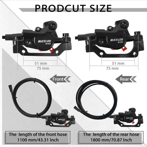 Bucklos e-bike hydraulic disc brake set; 180mm rotors, 2-piston, aluminum lever; front 1100mm, rear 1800mm
