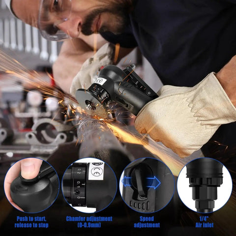 Man using Pneumatic Chamfering Tool For Metal Deburring Mini Beveler Pro Grade Heavy Duty High Speed 30000 RPM With Adjustable Depth