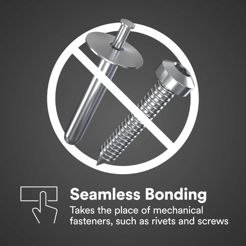 Illustration of heavy-duty clear mounting tape replacing rivets and screws for seamless bonding