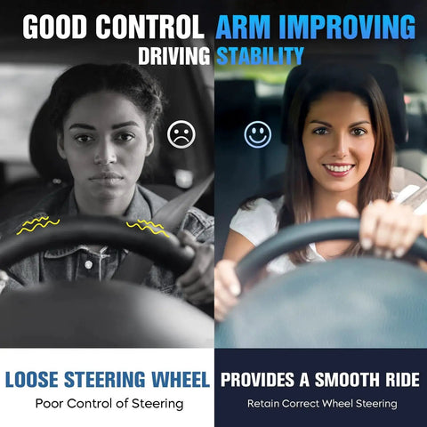Image illustrating steering control before and after installing Front Lower Control Arm With Ball Joint Pair For Equinox And Terrain 2010-2017.