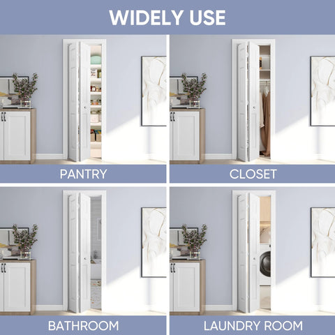 Image of a 24 In By 80 In Bi Fold Door With 6 Panel Primed Hollow Core Interior Doors And Hardware Kit For Easy Install In Laundry And Pantry Or Bedroom, shown installed in pantry, closet, bathroom, and laundry room settings.